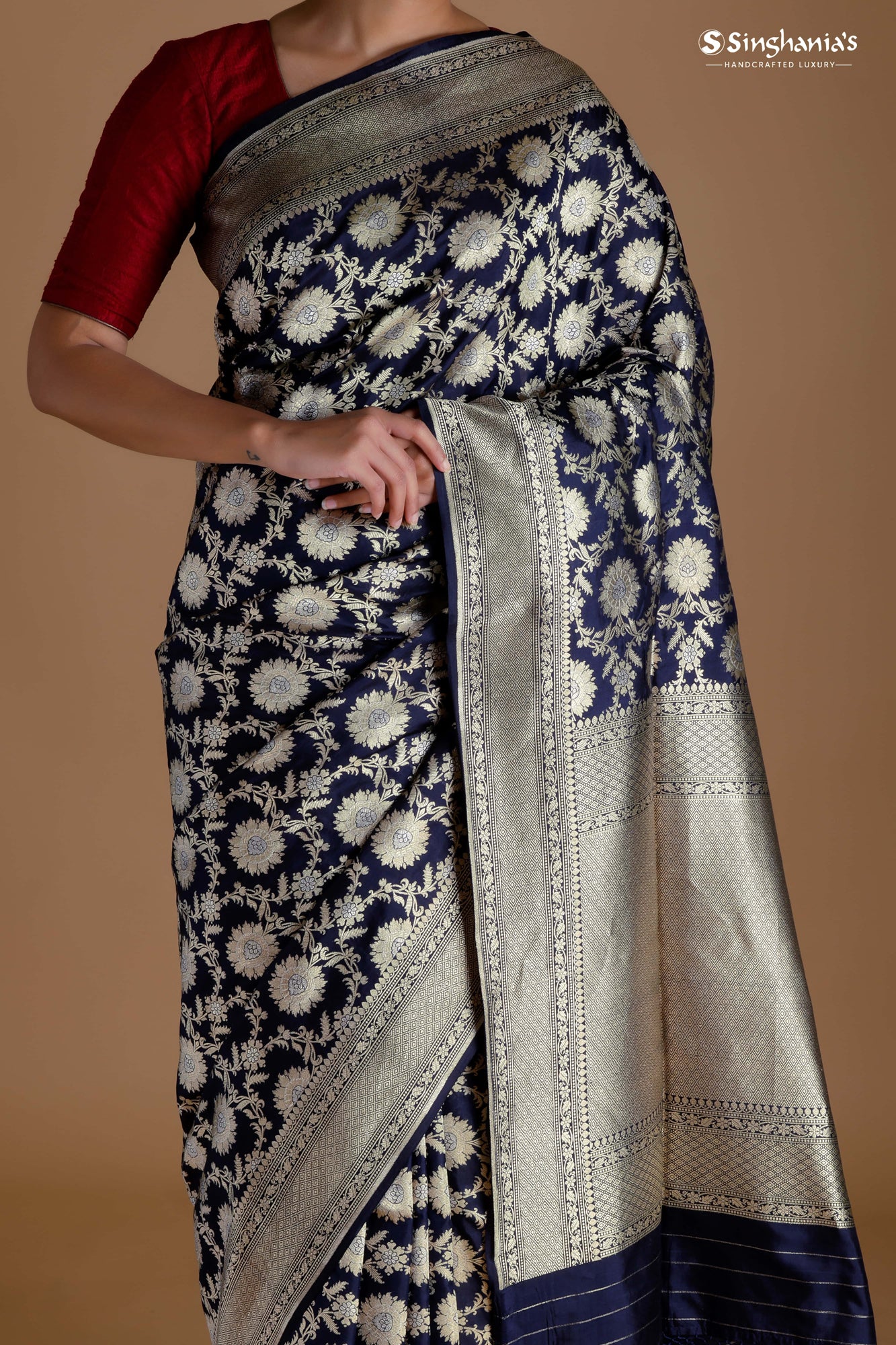 Dark Blue Banarasi Silk Handloom Saree With Floral Jaal Design