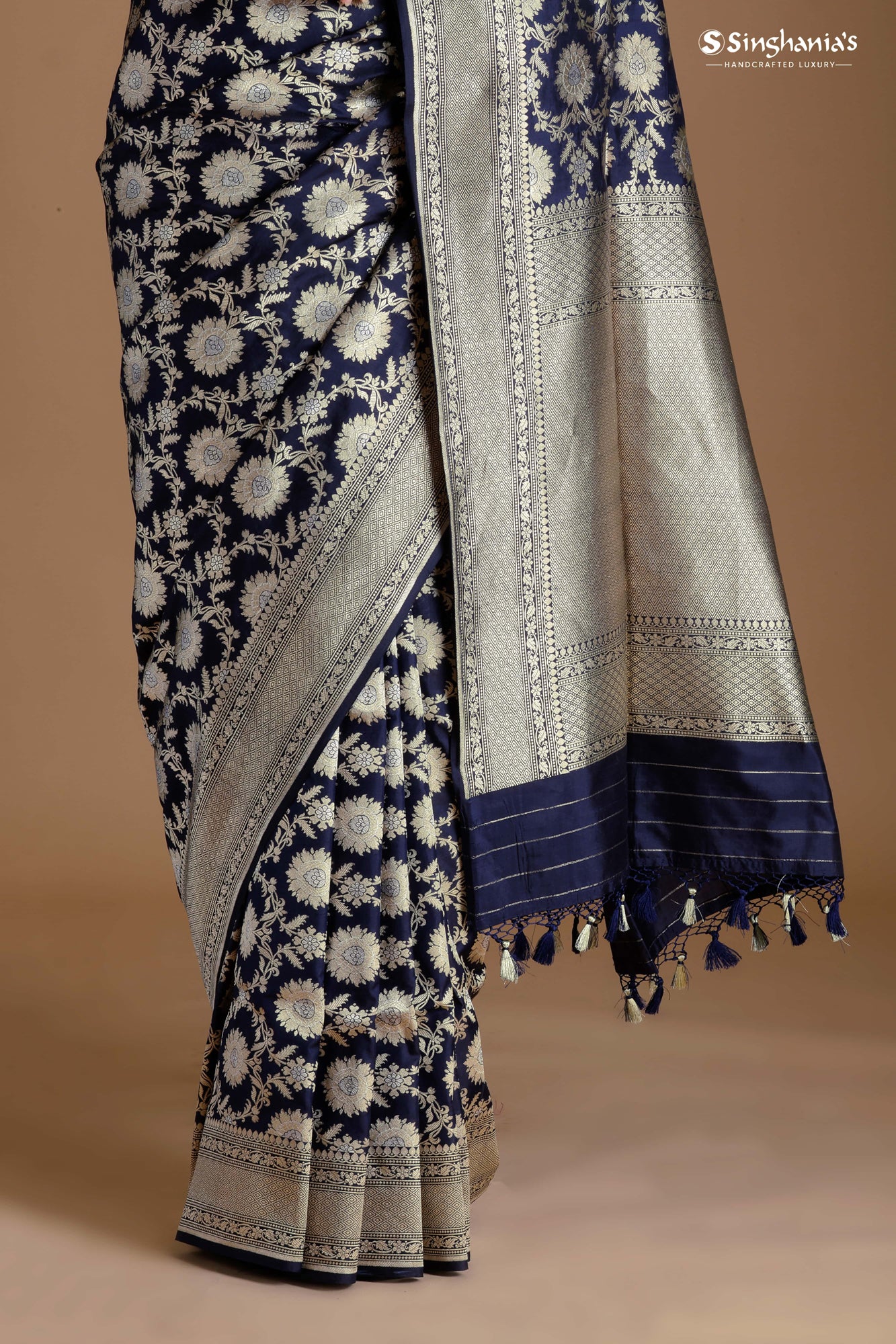 Dark Blue Banarasi Silk Handloom Saree With Floral Jaal Design