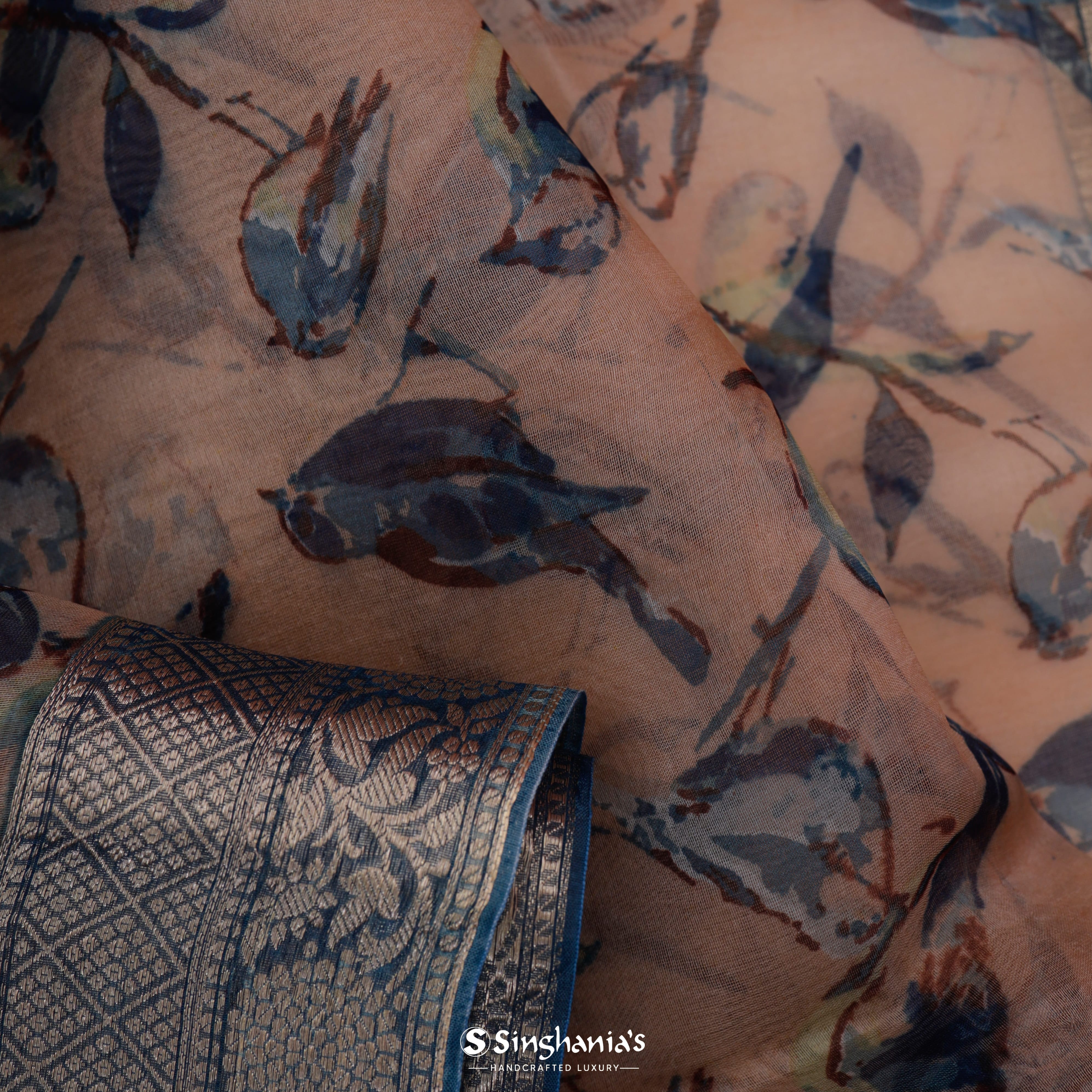 Pastel Pink Organza Printed Saree With Nature Inspired Birds Motifs