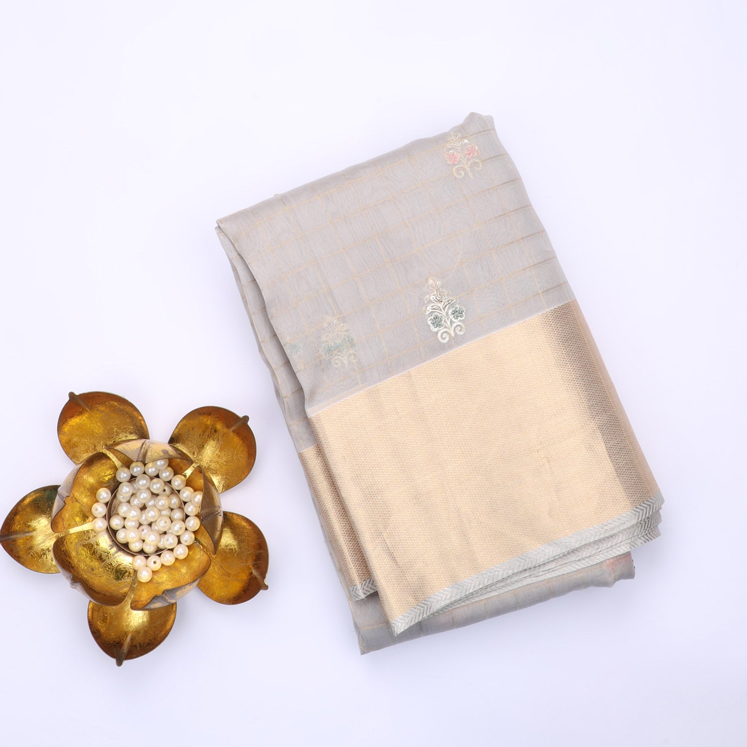 Iced Pale Blue Organza Saree With Floral Embroidered Buttas - Singhania's