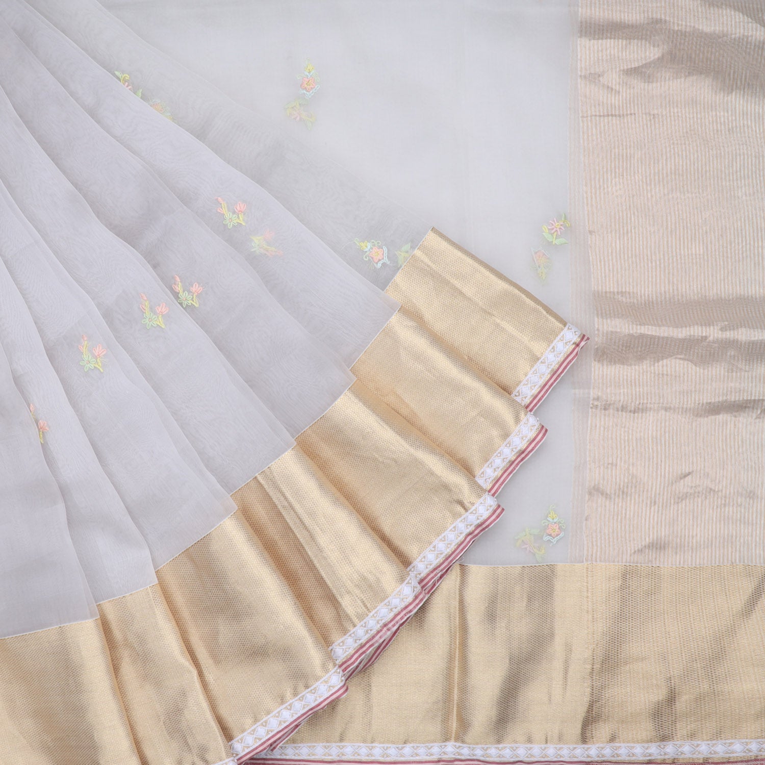 Iced Pale Blue Organza Saree With Floral Embroidered Buttas - Singhania's