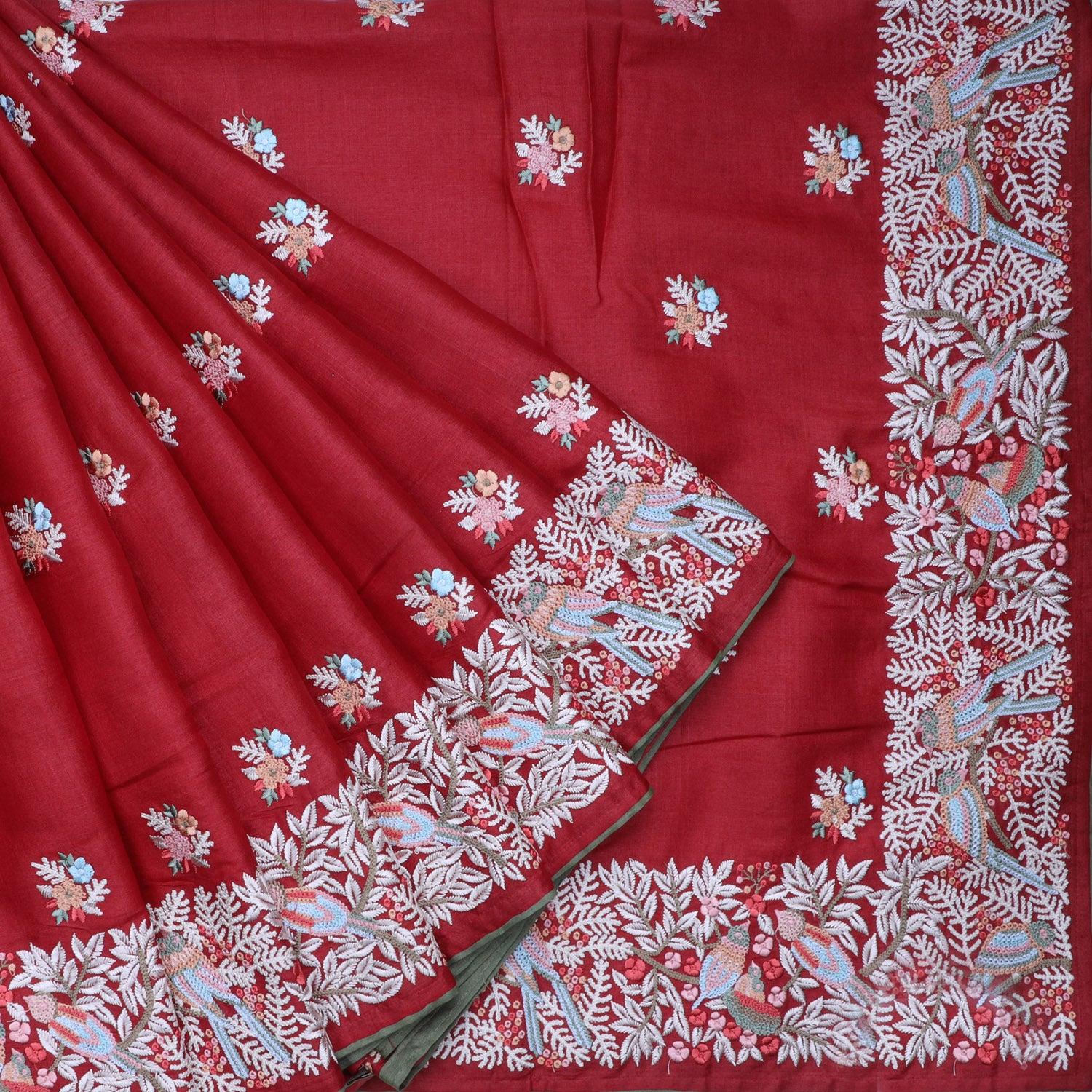 Ruby Red Tussar Floral Embroidered Saree - Singhania's