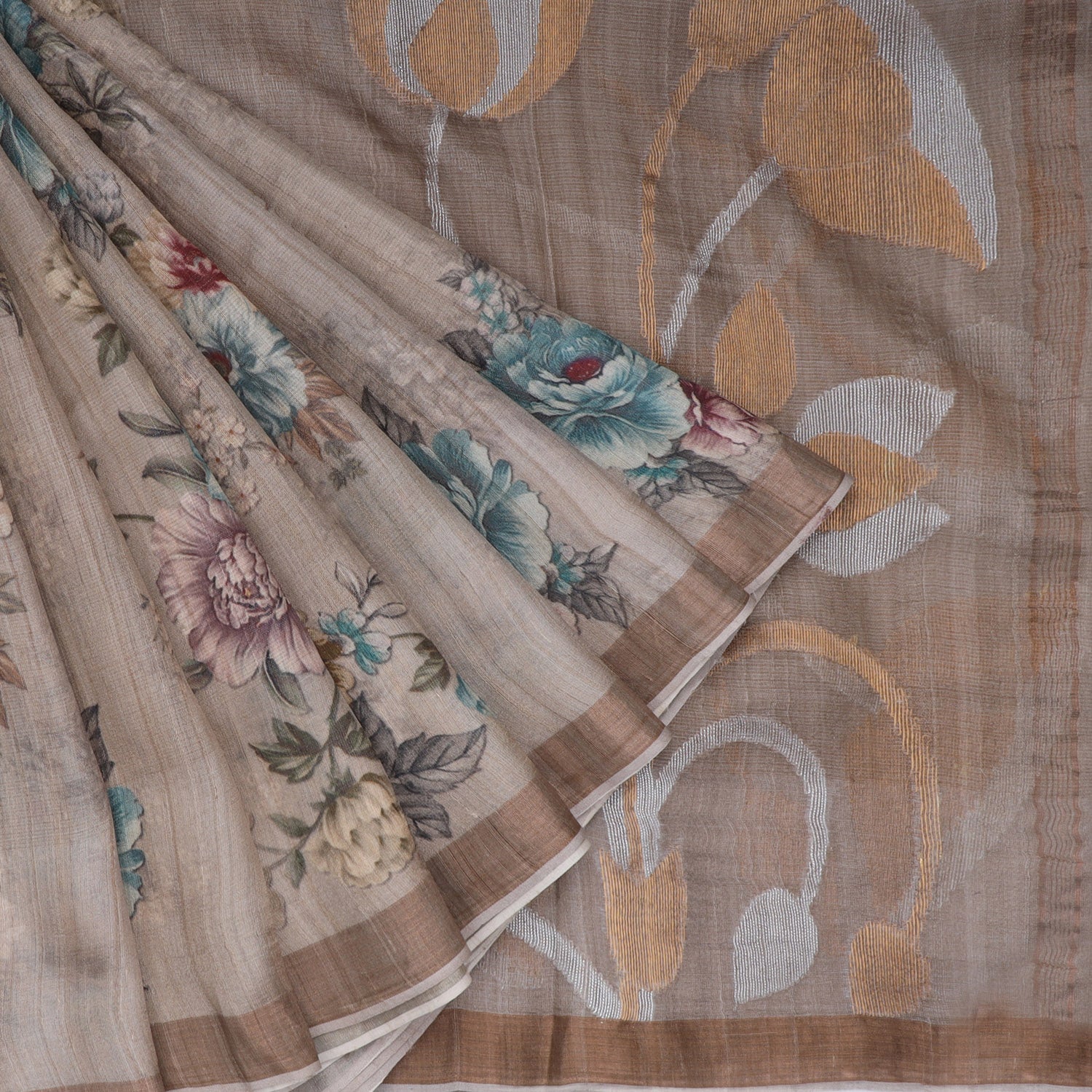 Khaki Tussar Floral Printed Saree - Singhania's