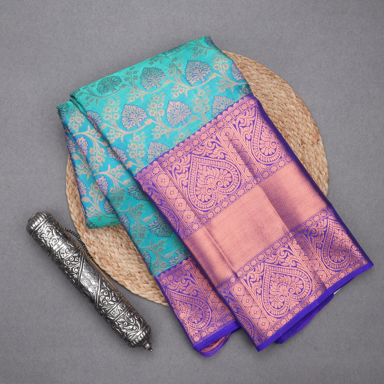 Light Blue Kanjivaram Silk Saree With Floral Pattern And Copper Zari - Singhania's