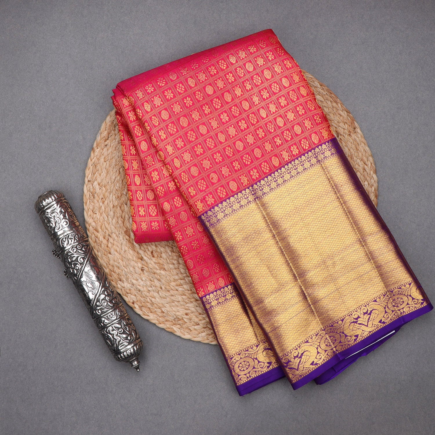 Bright Pink Kanjivaram Silk Saree With Floral Butis In Checks Pattern - Singhania's