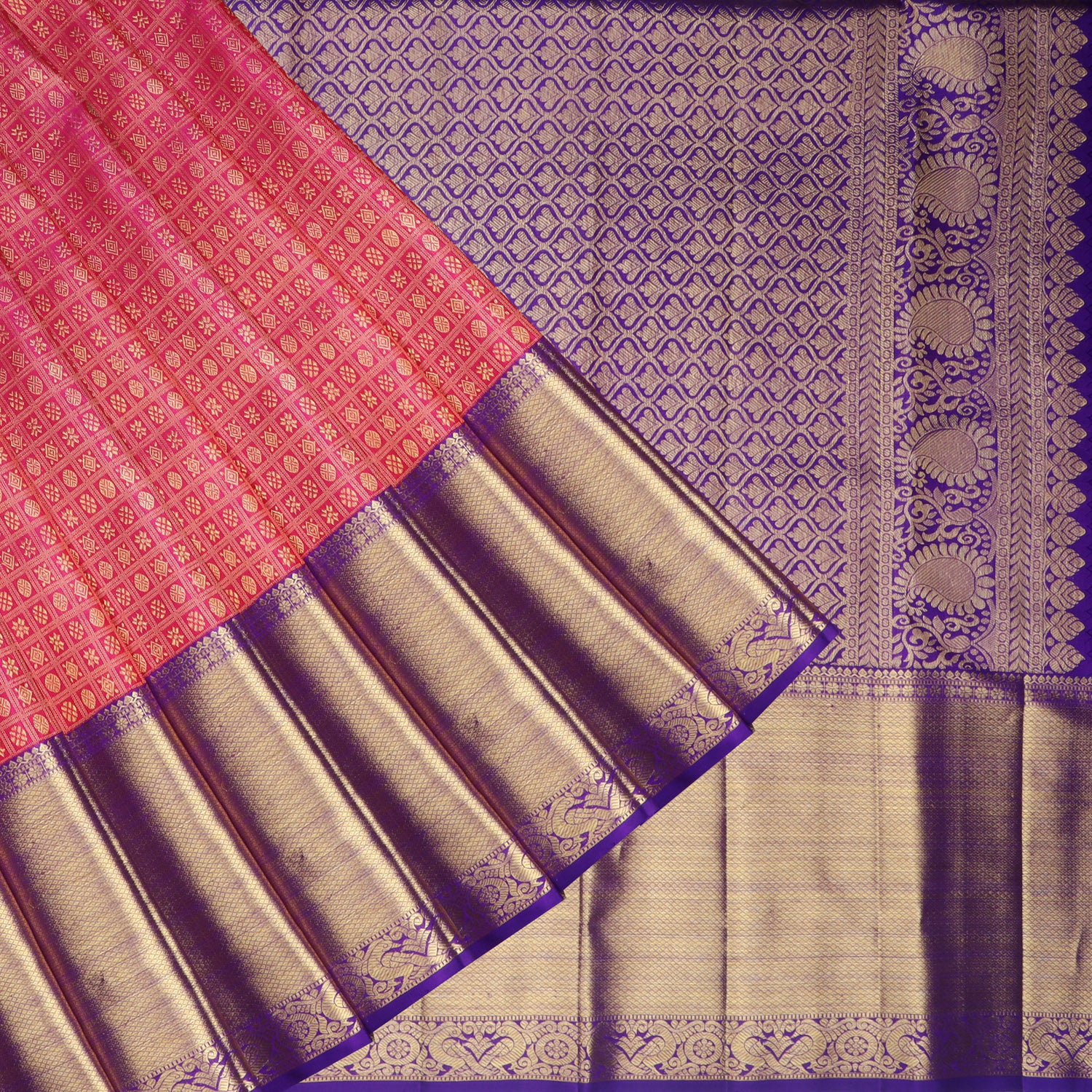 Bright Pink Kanjivaram Silk Saree With Floral Butis In Checks Pattern - Singhania's