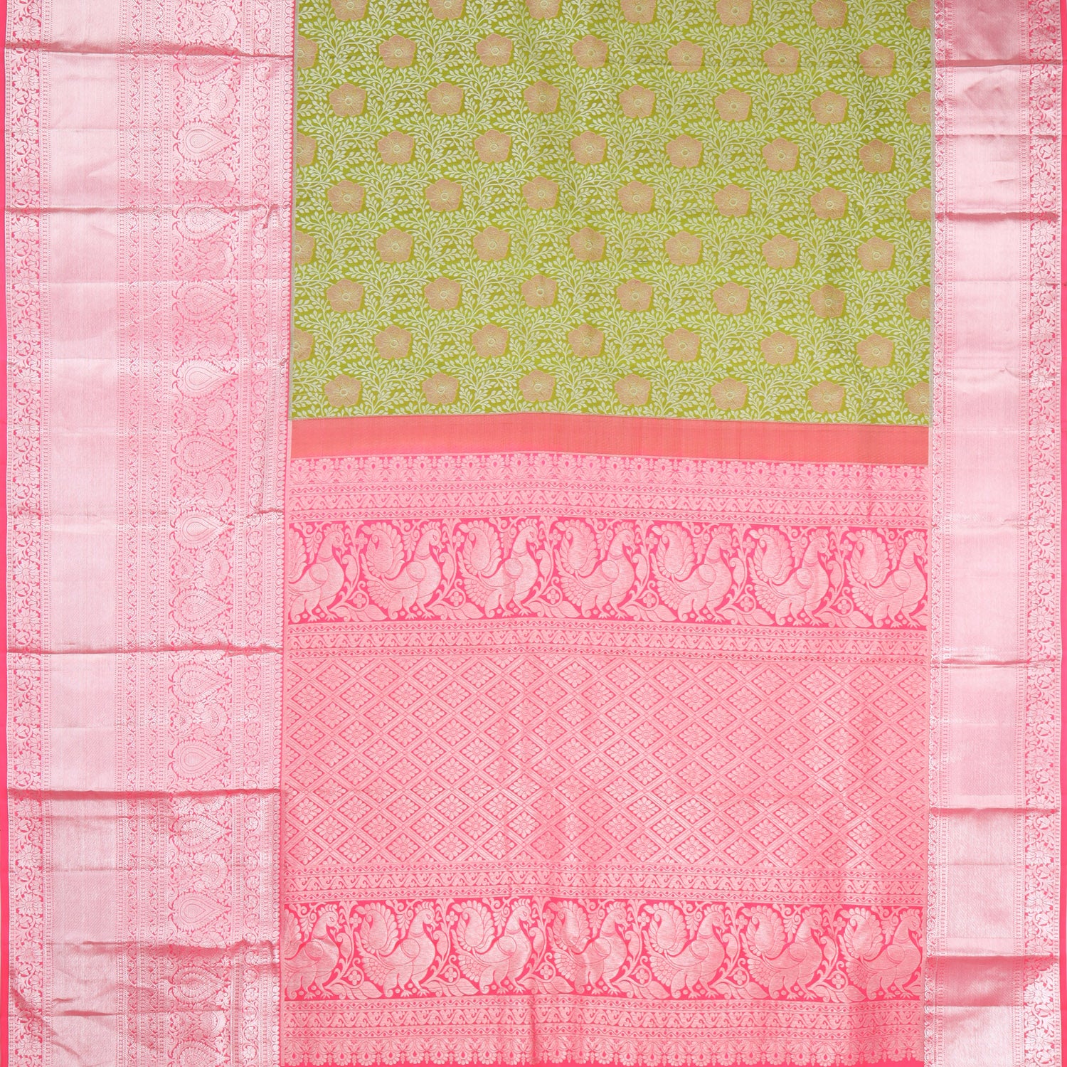 Green Kanjivaram Silk Saree With Floral Pattern - Singhania's