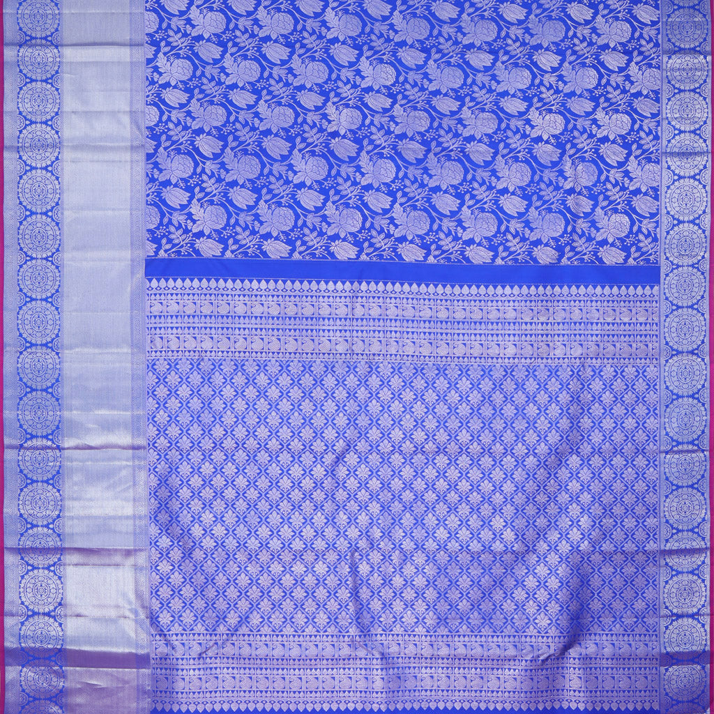 Navy Blue Kanjivaram Silk Saree With Floral Pattern - Singhania's