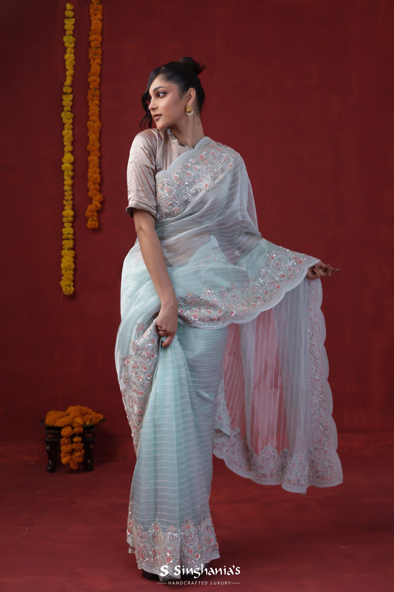 Pastel Columbia Blue Organza Designer Saree With Hand Embroidery