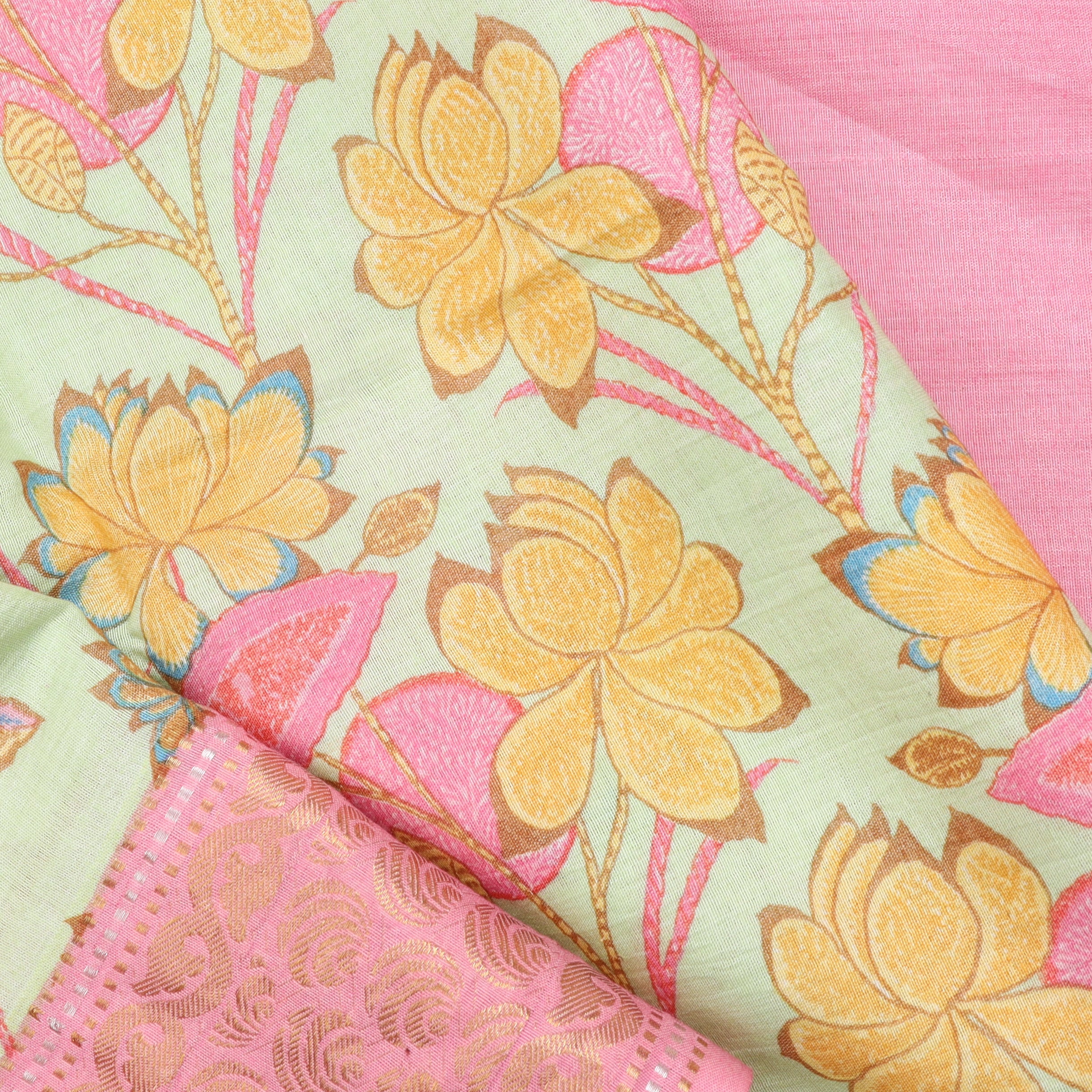 Pastel Yellow Cotton Saree With Floral Motif Pattern