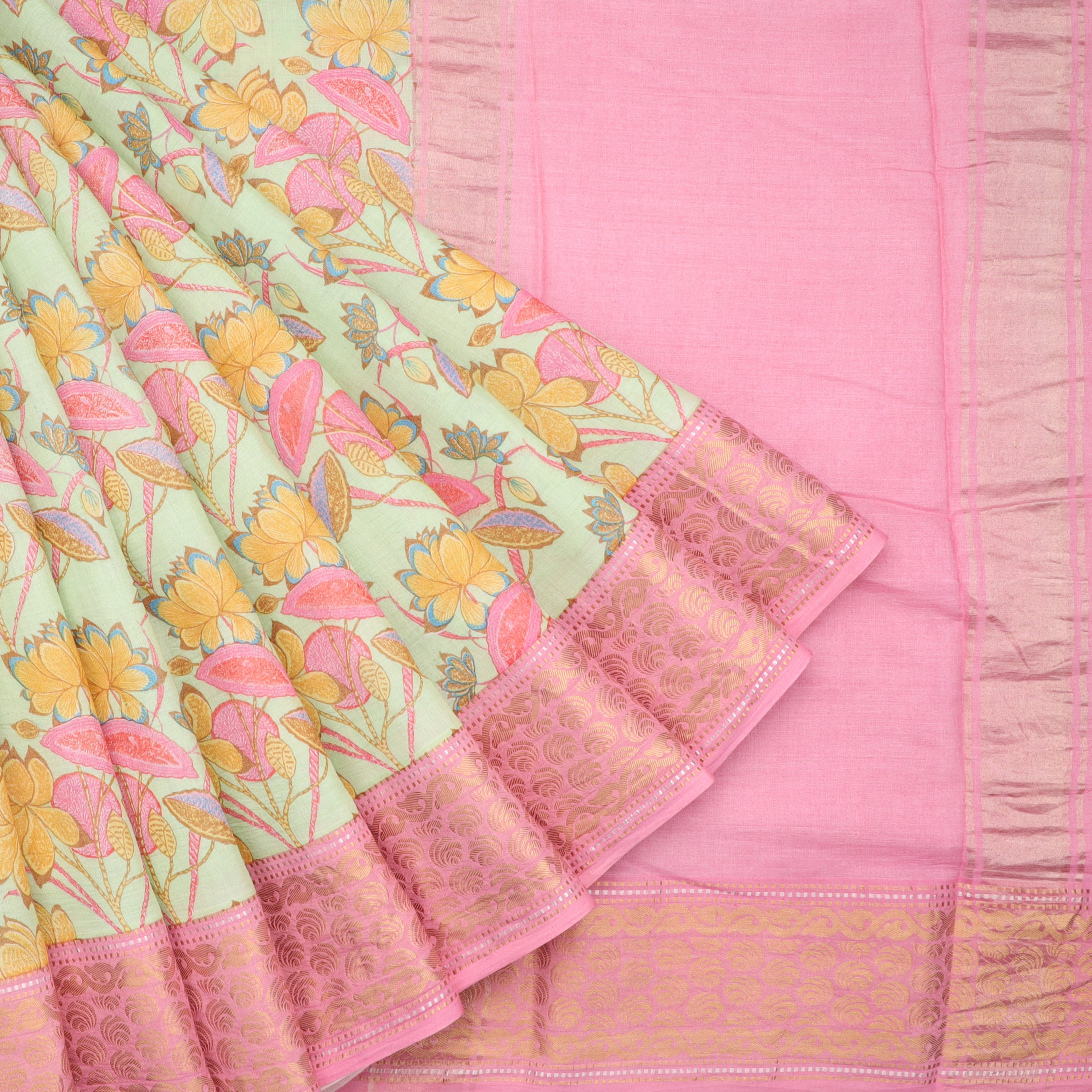 Pastel Yellow Cotton Saree With Floral Motif Pattern