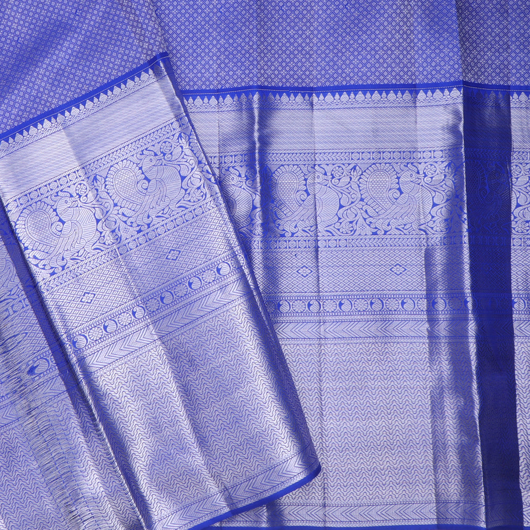 Cerulean Blue Kanjivaram Silk Saree With Floral And Bird Motifs