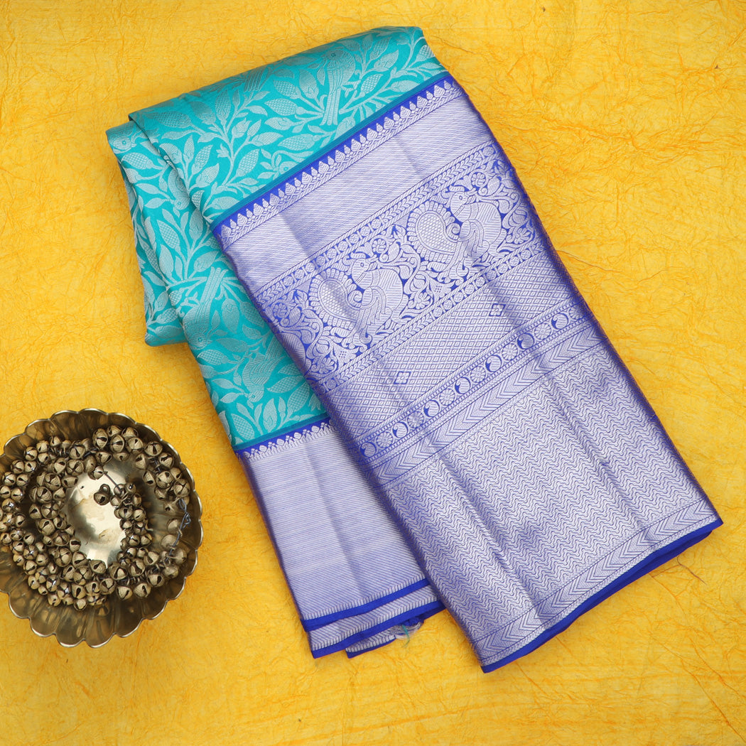 Cerulean Blue Kanjivaram Silk Saree With Floral And Bird Motifs