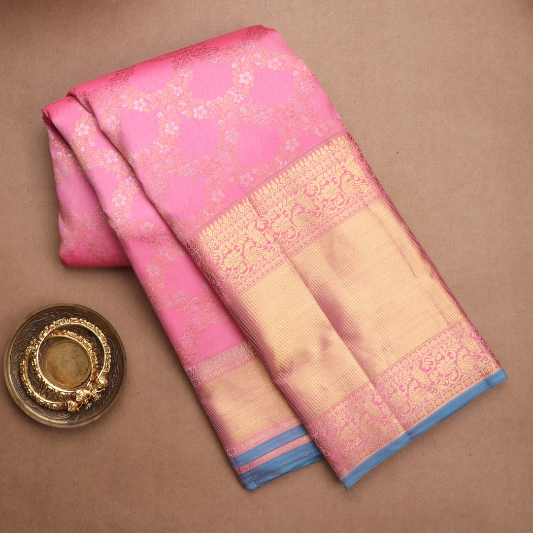 French Pink Kanjivaram Silk Saree With Jaal Pattern