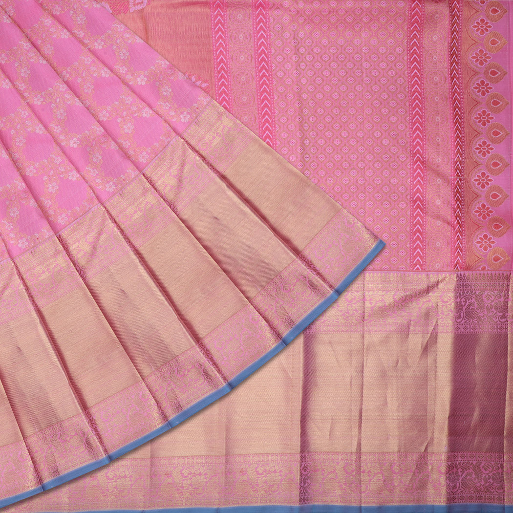 French Pink Kanjivaram Silk Saree With Jaal Pattern