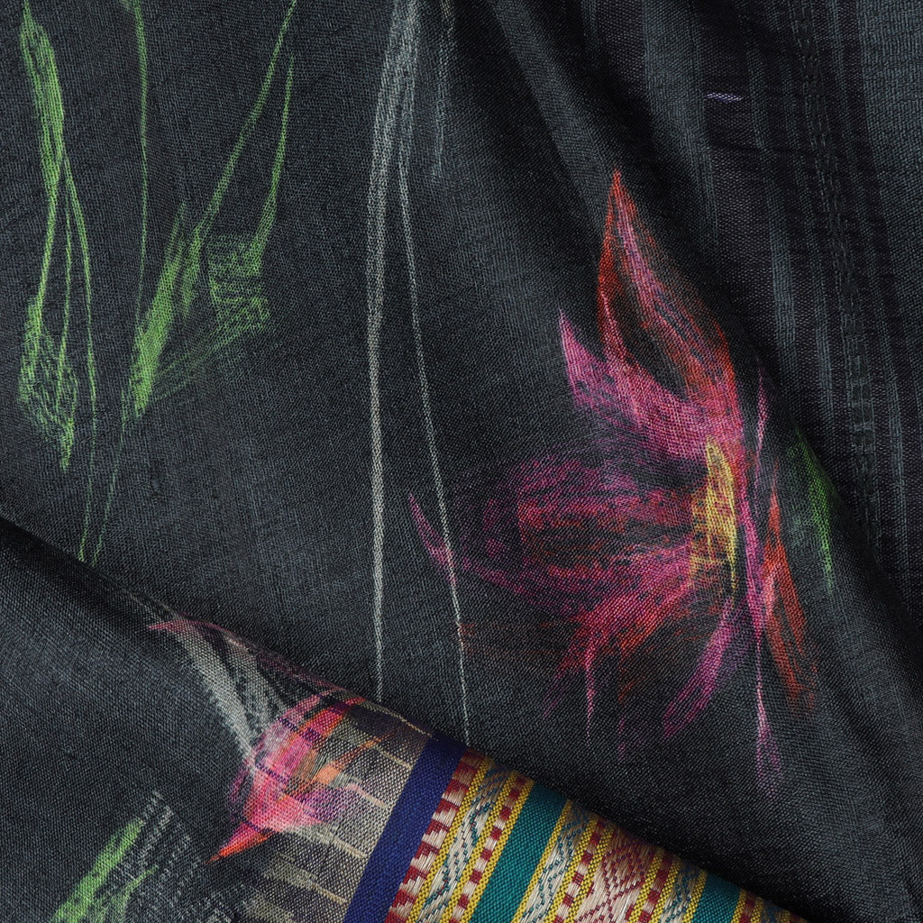 Charcoal Black Tussar Saree With Floral Printed Design - Singhania's