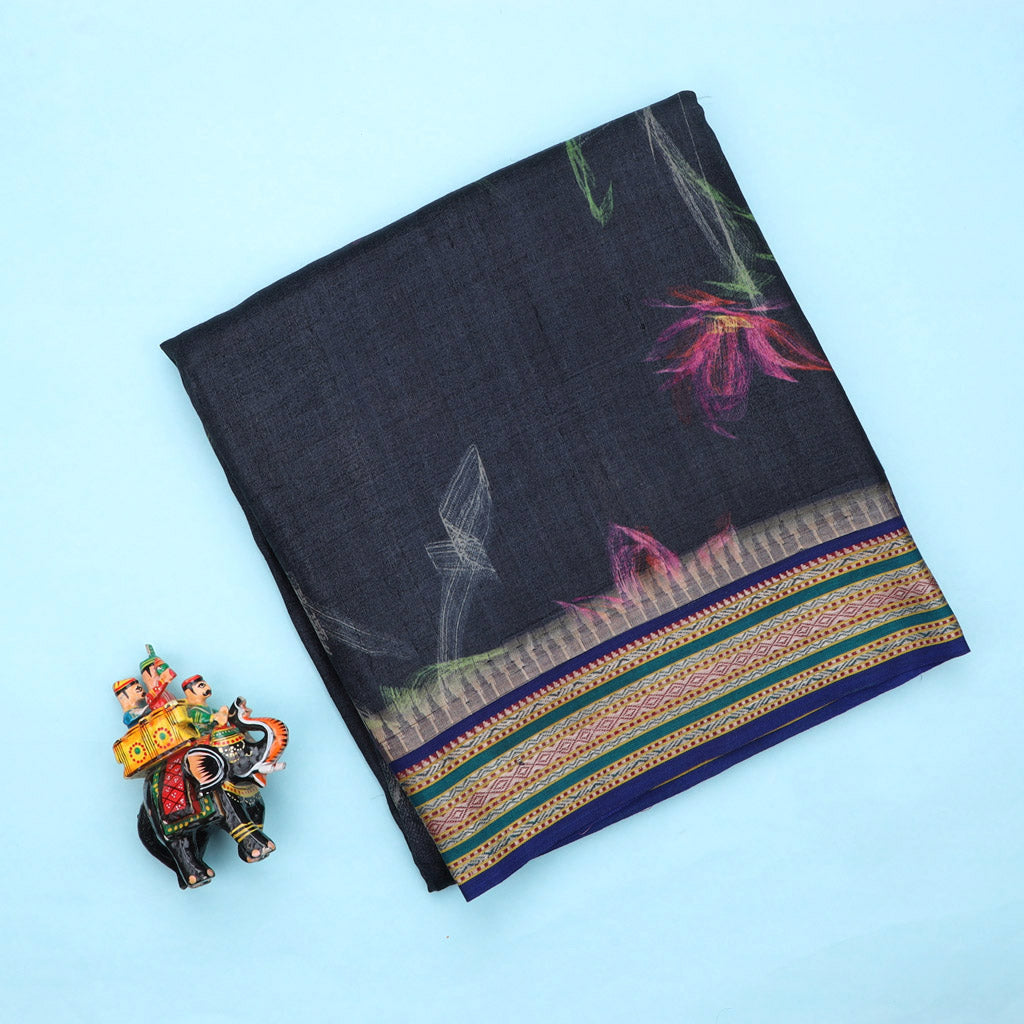 Charcoal Black Tussar Saree With Floral Printed Design - Singhania's