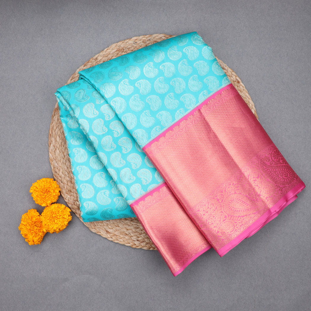 Bright Blue Kanjivaram Silk Saree With Mangai Buttis