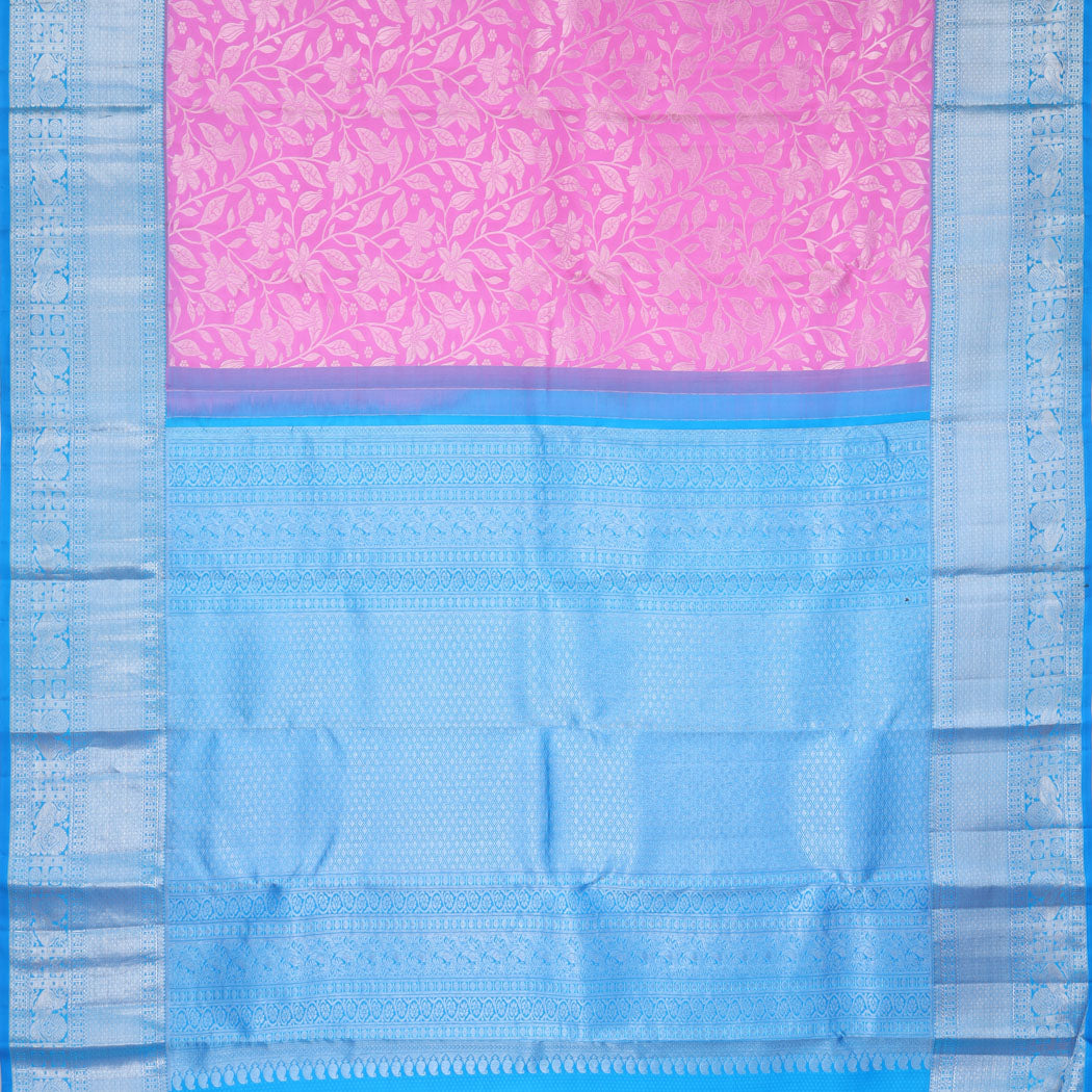 Flamingo Pink Kanjivaram Silk Saree With Floral Pattern