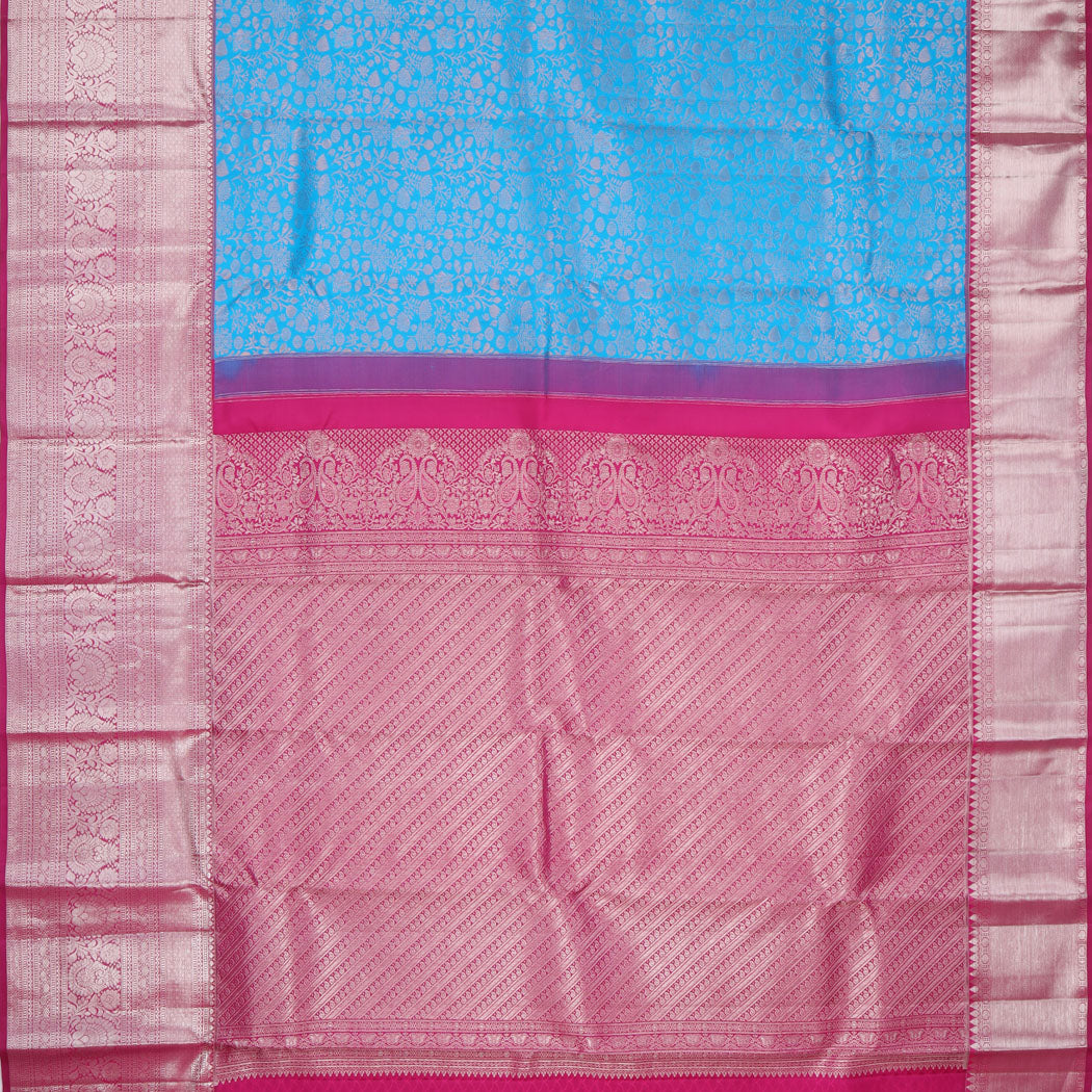 Bright Blue Kanjivaram Silk Saree With Floral Jaal Design