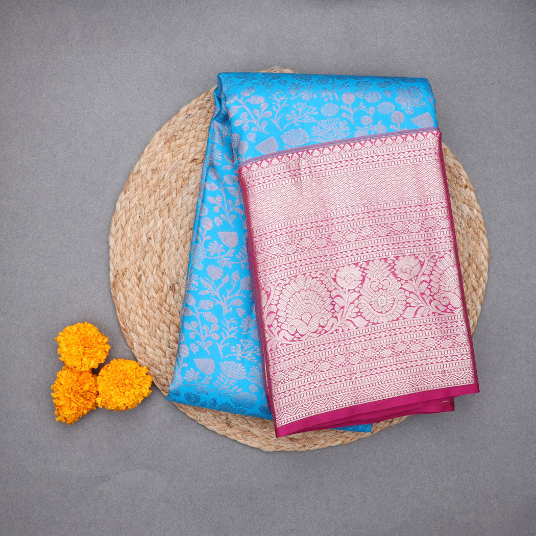 Bright Blue Kanjivaram Silk Saree With Floral Jaal Design