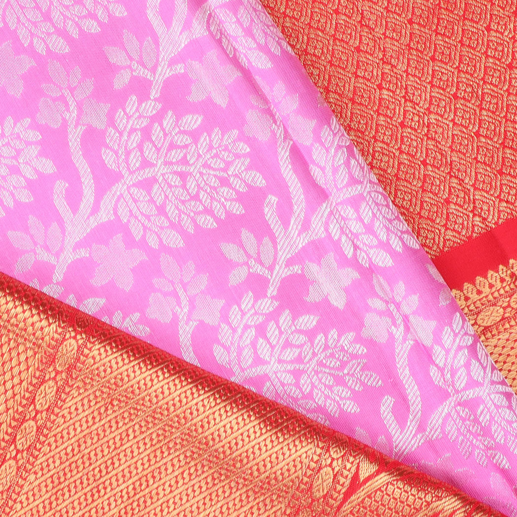 Bright Pink Kanjivaram Silk Saree With Floral Pattern