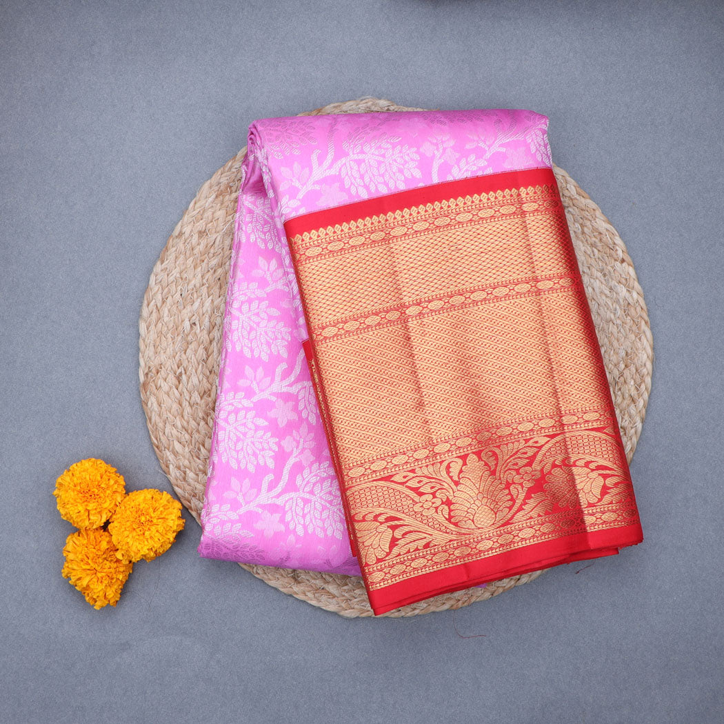 Bright Pink Kanjivaram Silk Saree With Floral Pattern