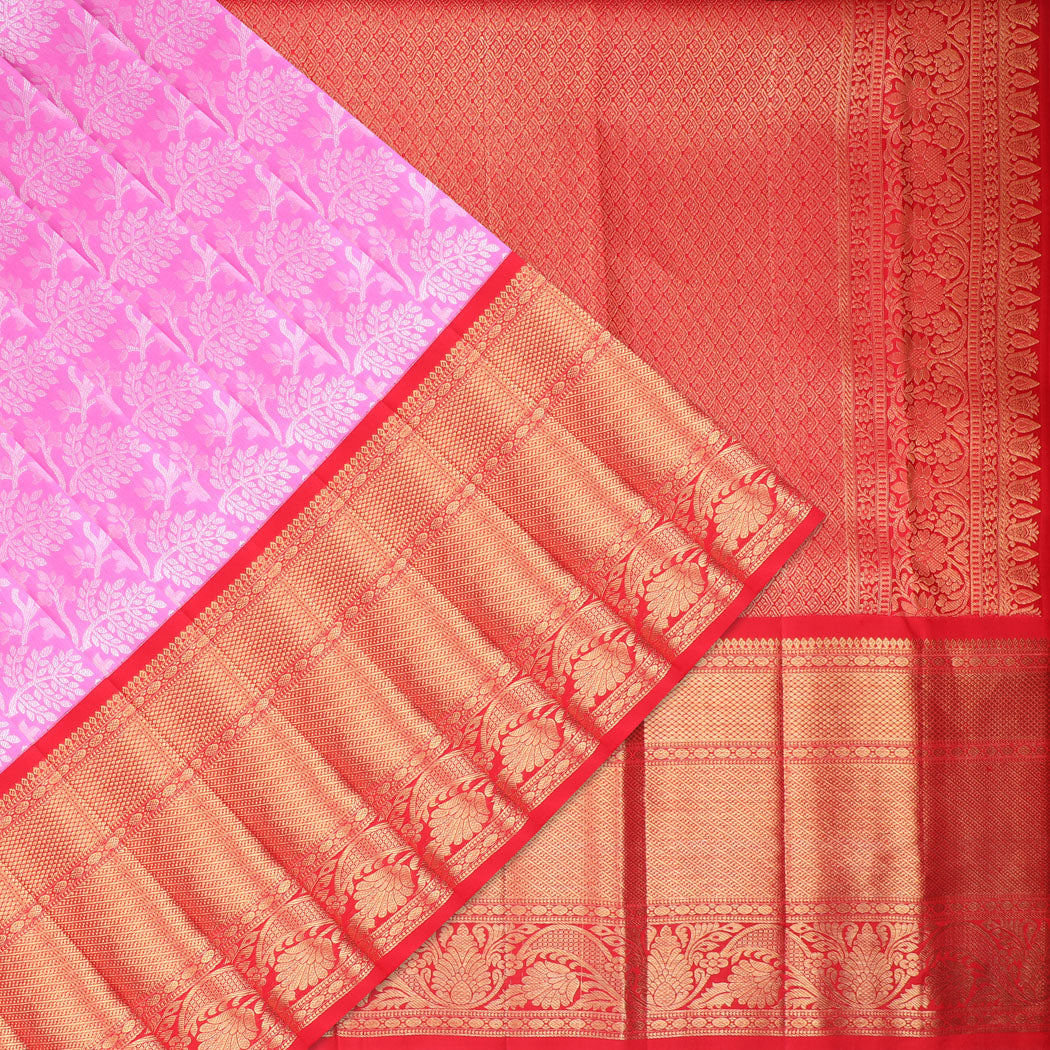 Bright Pink Kanjivaram Silk Saree With Floral Pattern