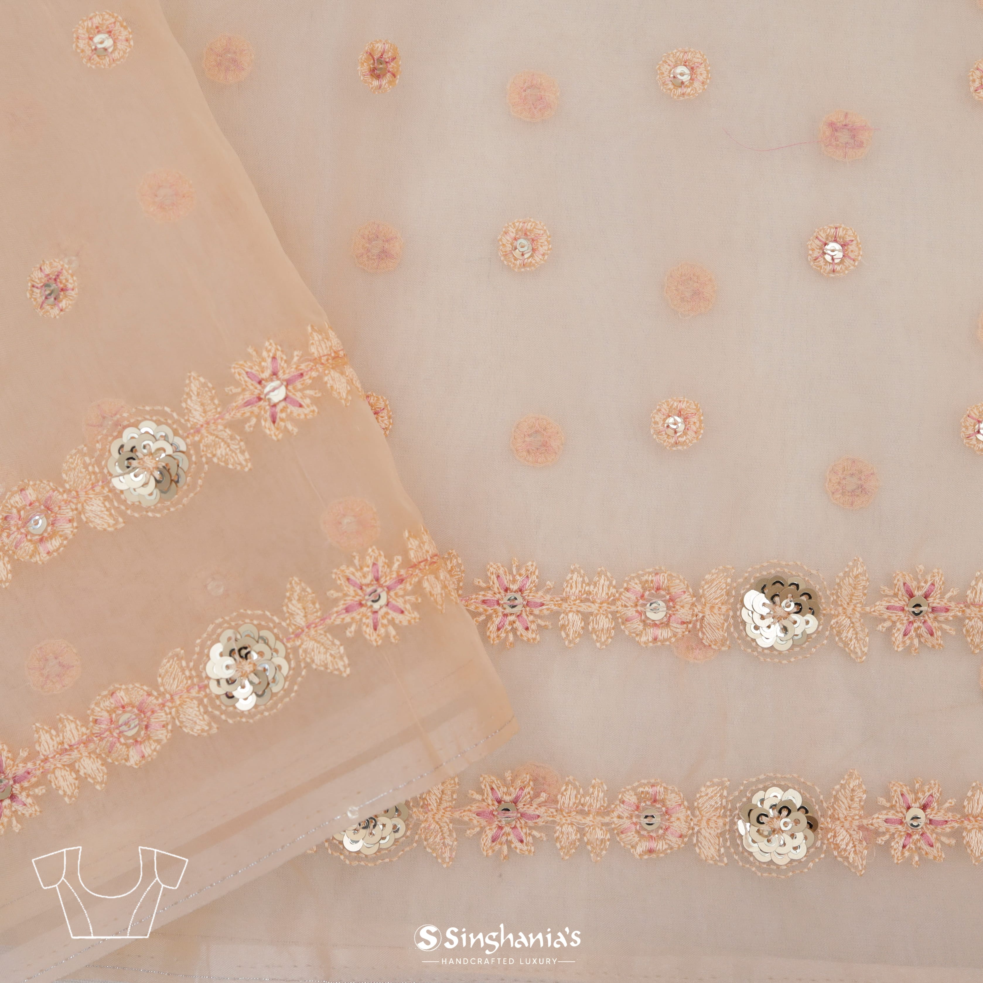 Pastel Peach Organza Embroidery Saree With Floral Embroidery Motifs