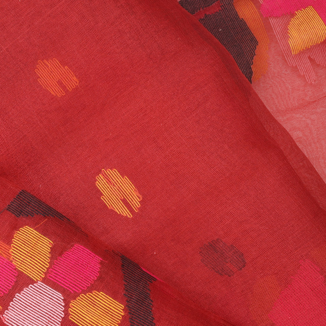 Brick Red Organza Jamdani Saree With Floral Pattern