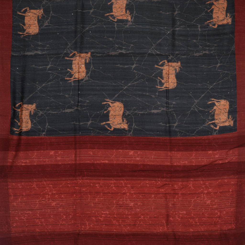 Black Tussar Embroidery Saree Printed With Maan (Deer) Motifs