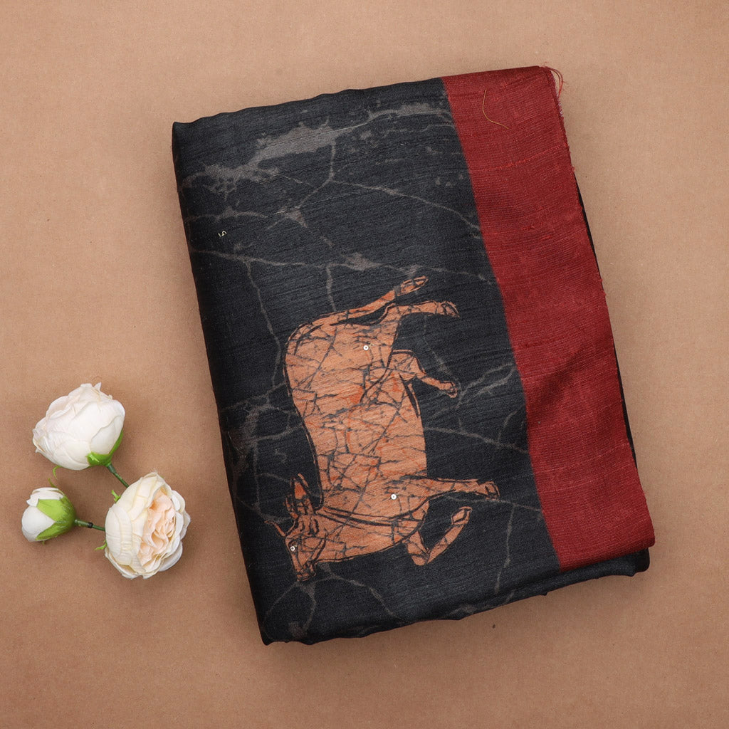 Black Tussar Embroidery Saree Printed With Maan (Deer) Motifs