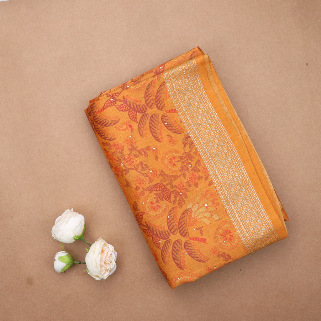 Orange Tussar Printed Saree With Nature Inspired Printed Motif Pattern