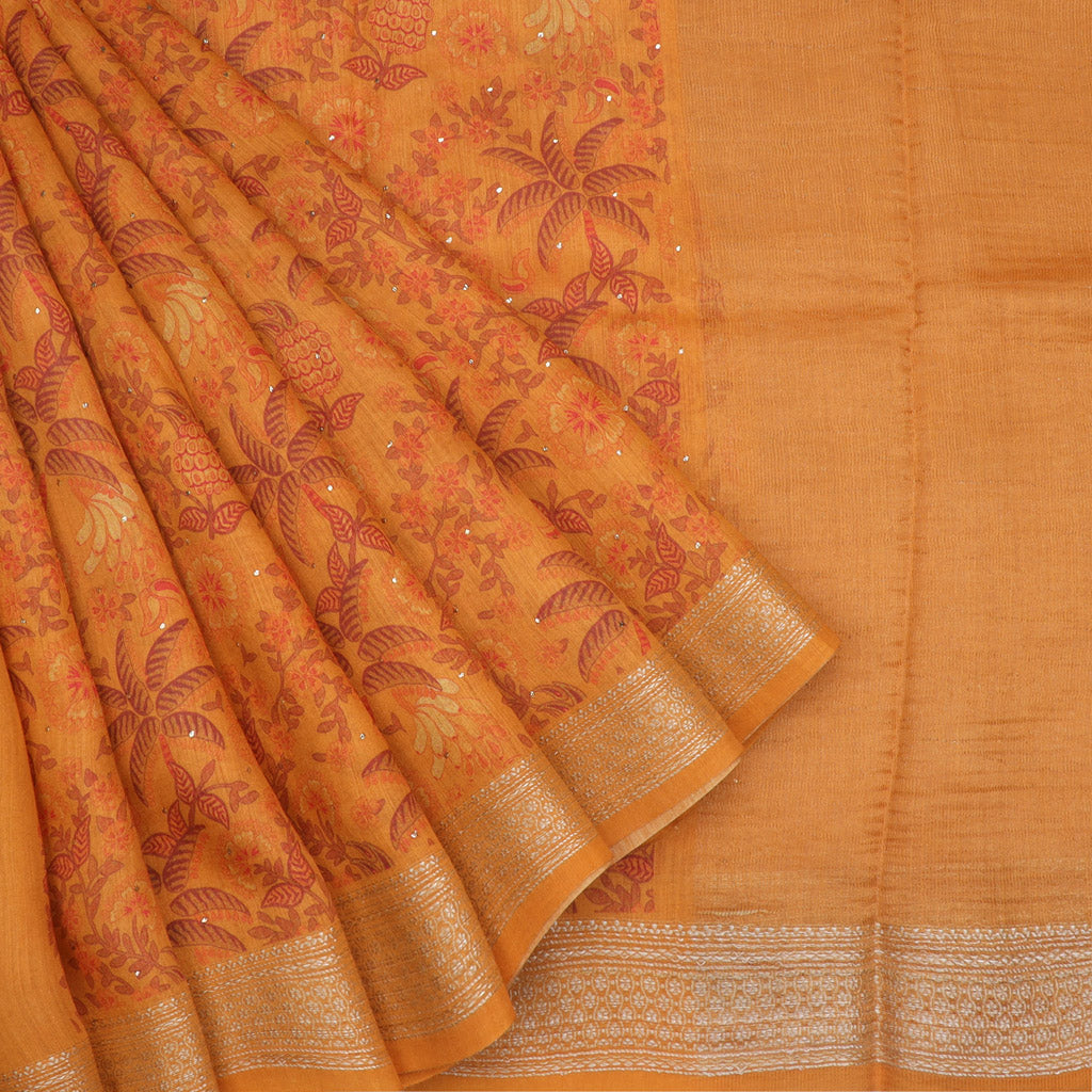 Orange Tussar Printed Saree With Nature Inspired Printed Motif Pattern