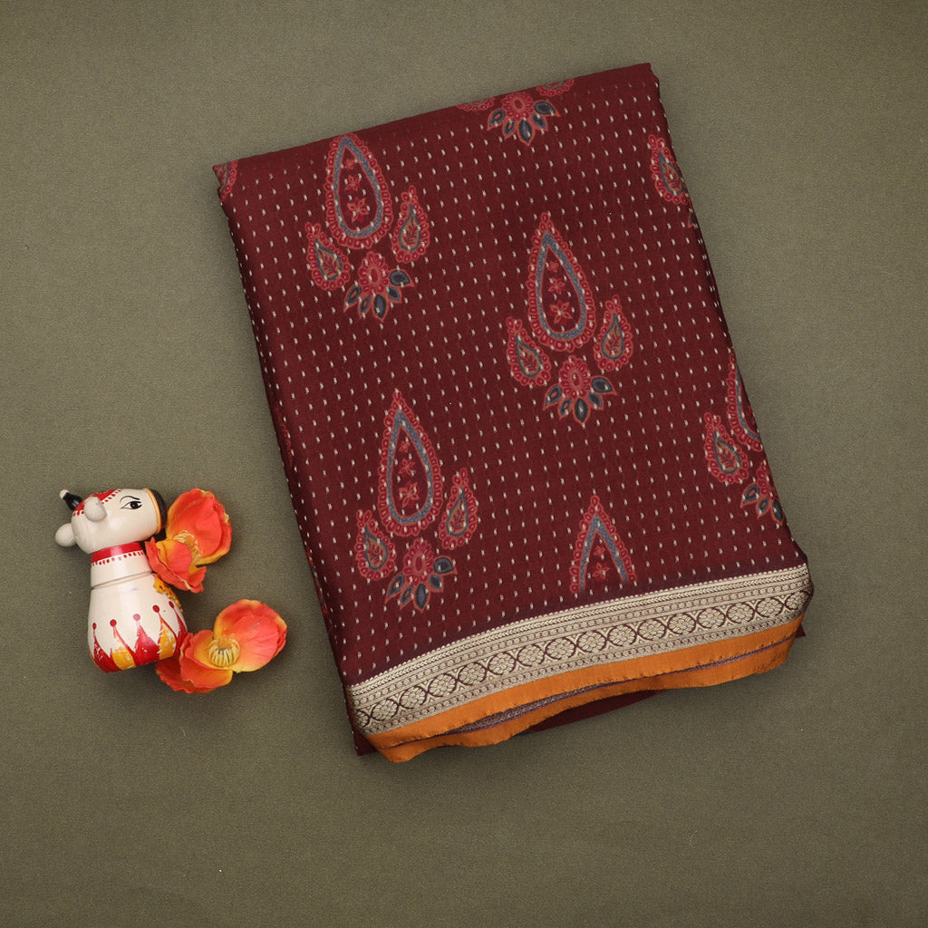 Maroon Color Silk Saree With Printed Floral Buttas