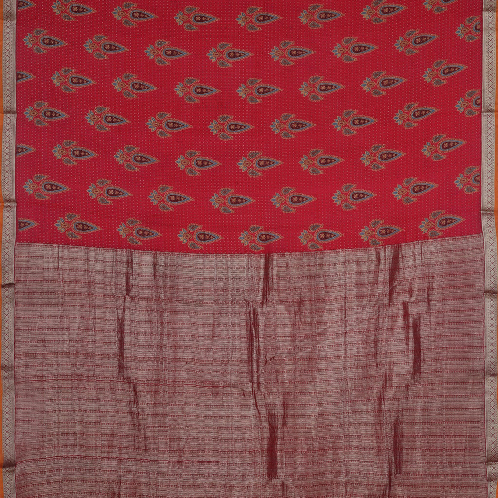 Ruby Red Color Silk Saree With Printed Floral Buttas