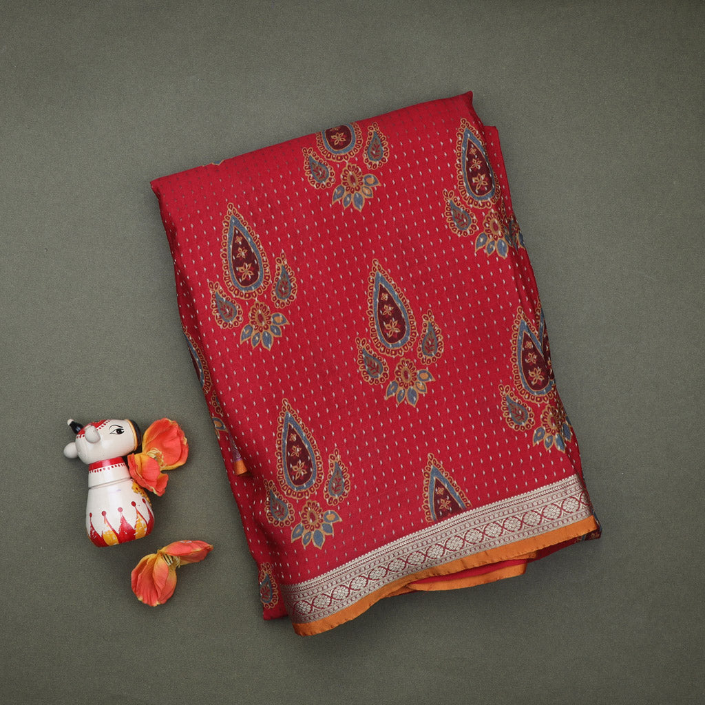 Ruby Red Color Silk Saree With Printed Floral Buttas