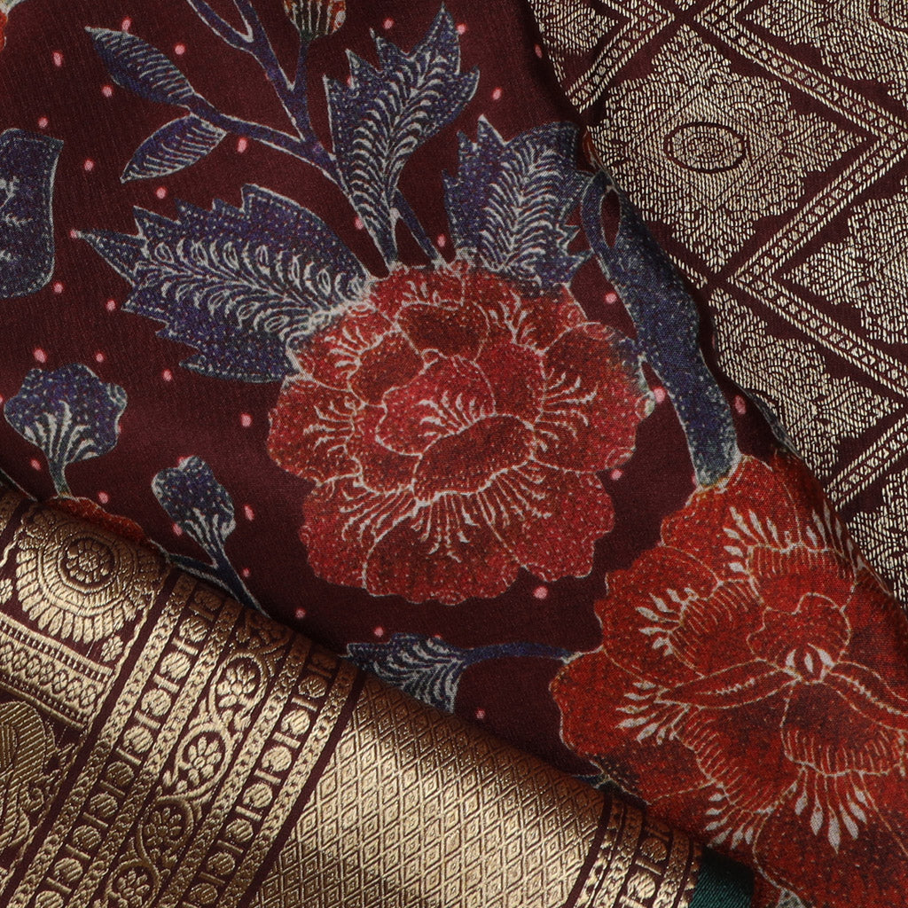 Mahogany Red Color Silk Saree With Printed Floral Pattern