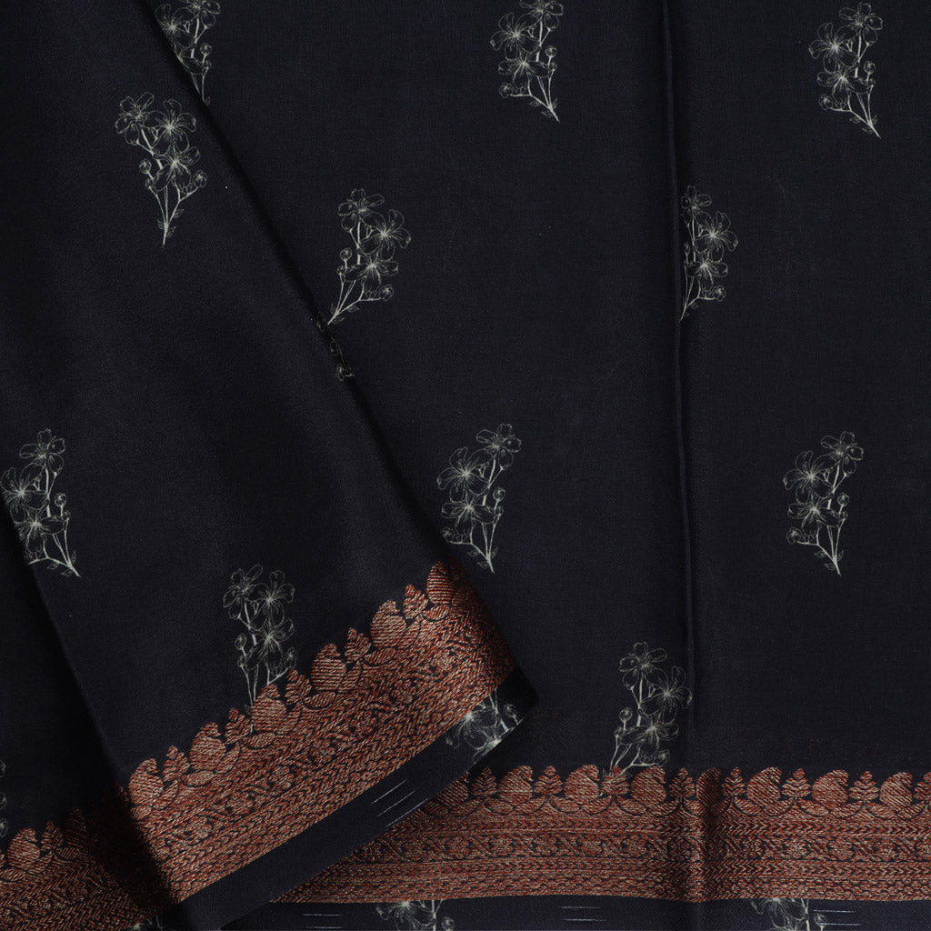 Deep Black Silk Saree With Printed Floral Motifs