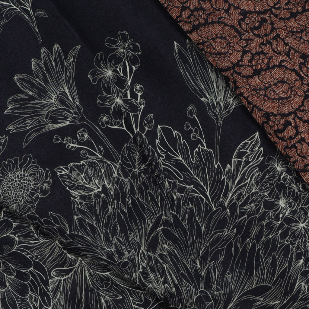 Deep Black Silk Saree With Printed Floral Motifs