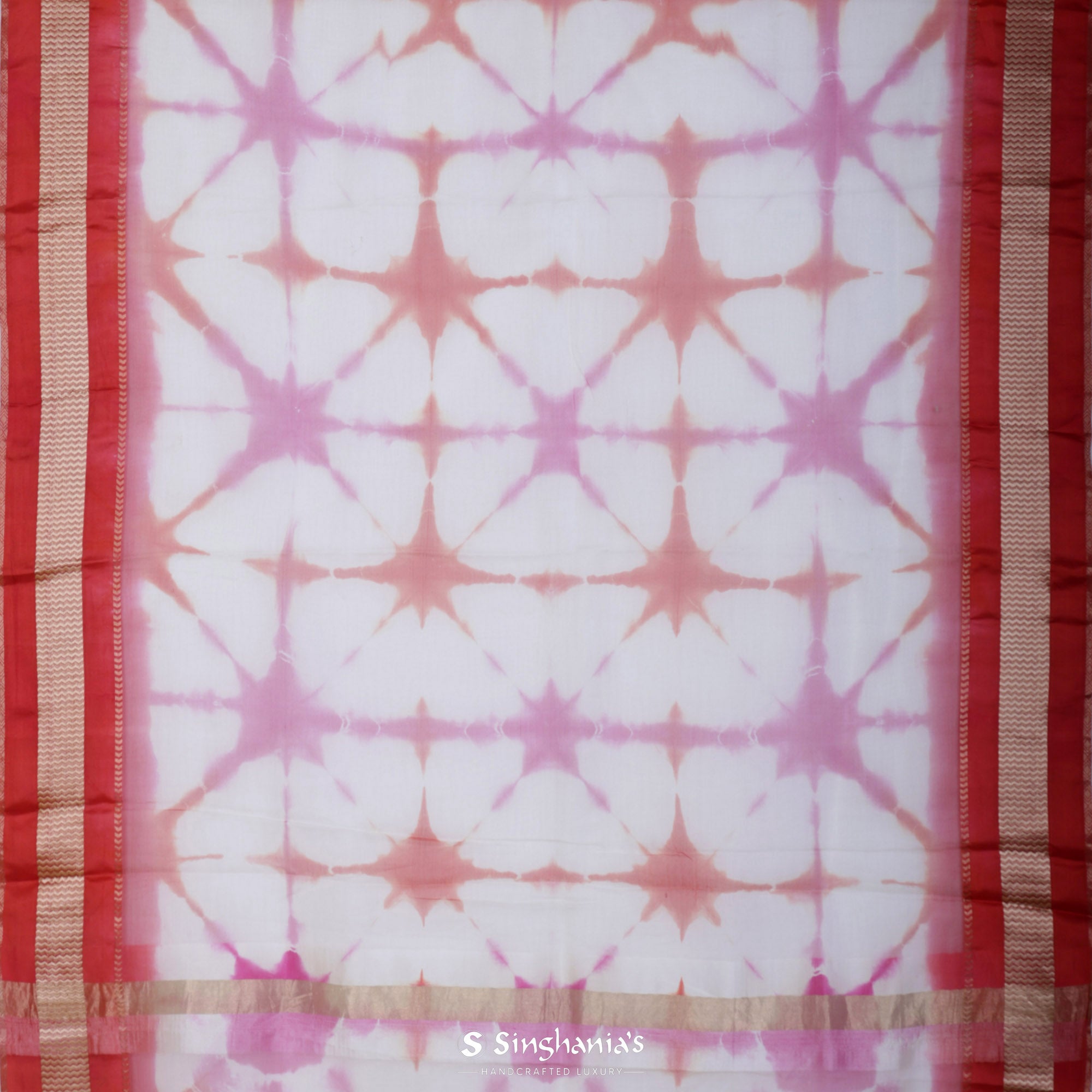 Red White Printed Maheshwari Silk Saree With Tie-Dye Design