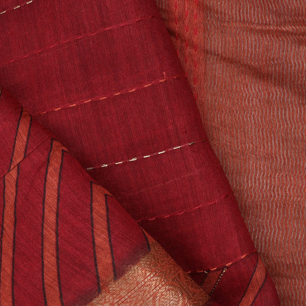 Earthy Red Printed Tussar Saree With Embroidery