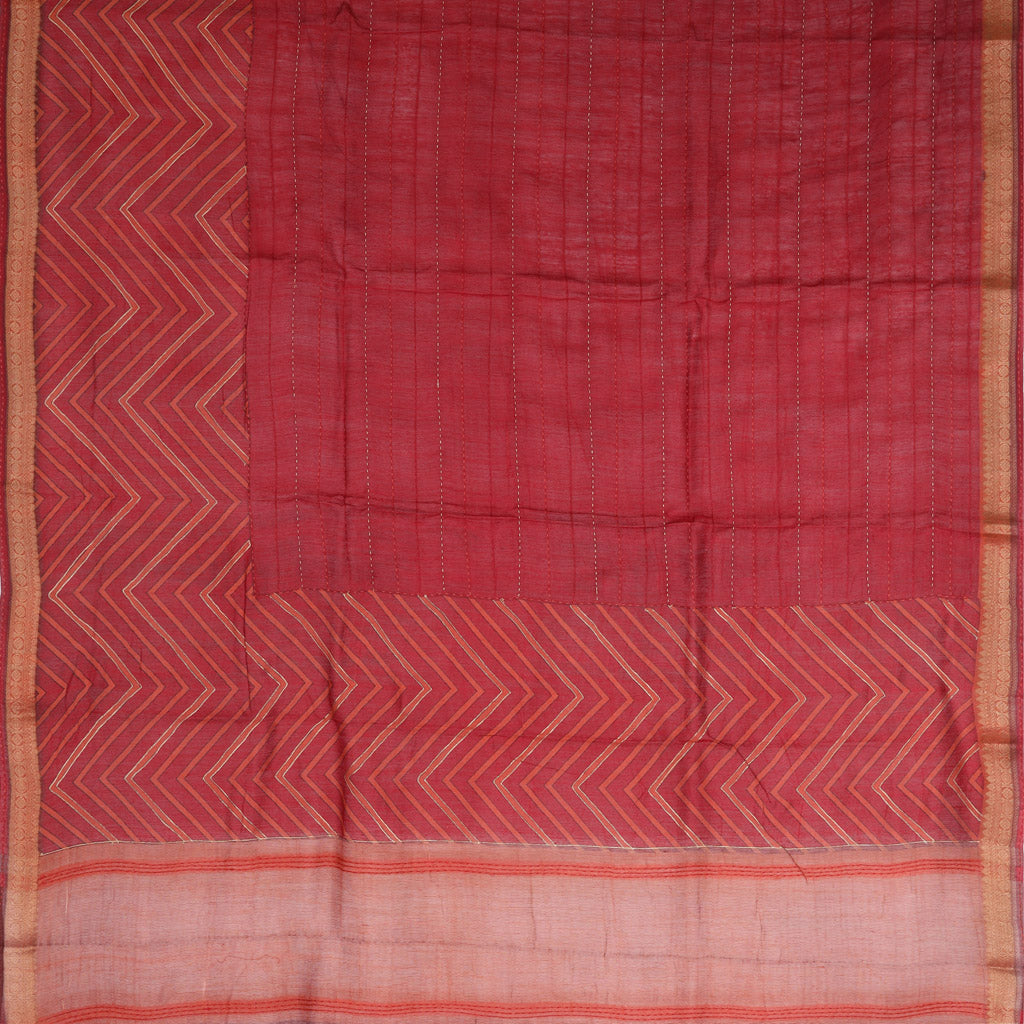 Earthy Red Printed Tussar Saree With Embroidery