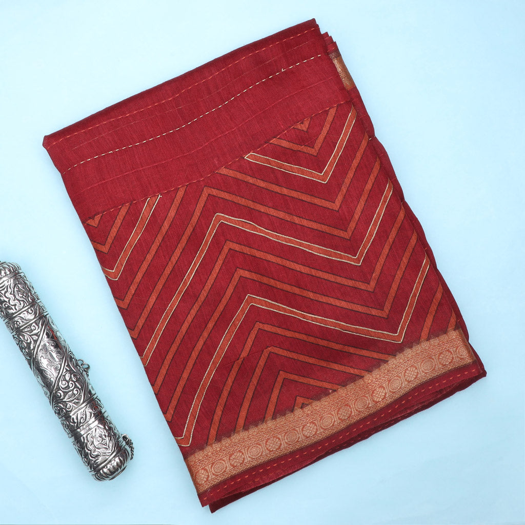 Earthy Red Printed Tussar Saree With Embroidery