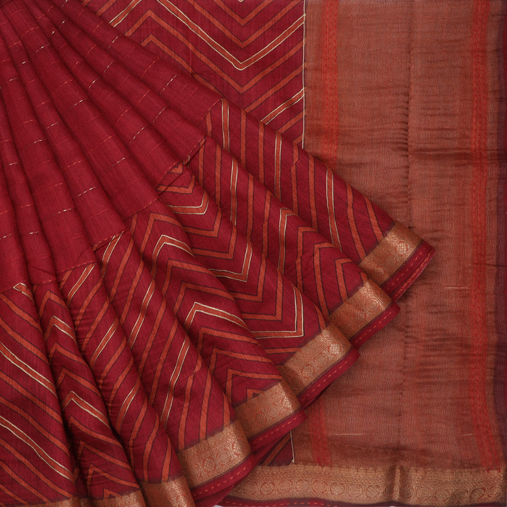 Earthy Red Printed Tussar Saree With Embroidery