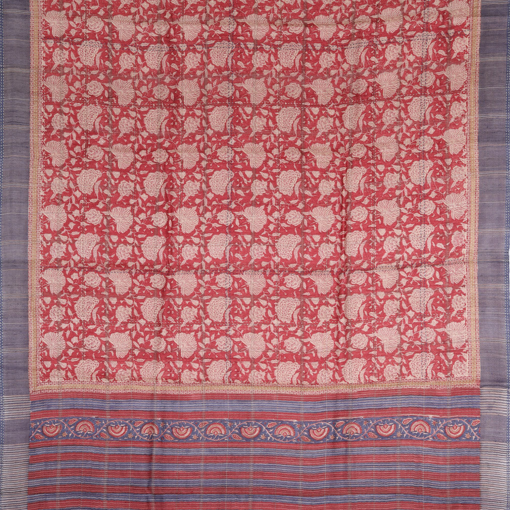 Earthy Red Printed Tussar Saree With Embroidery