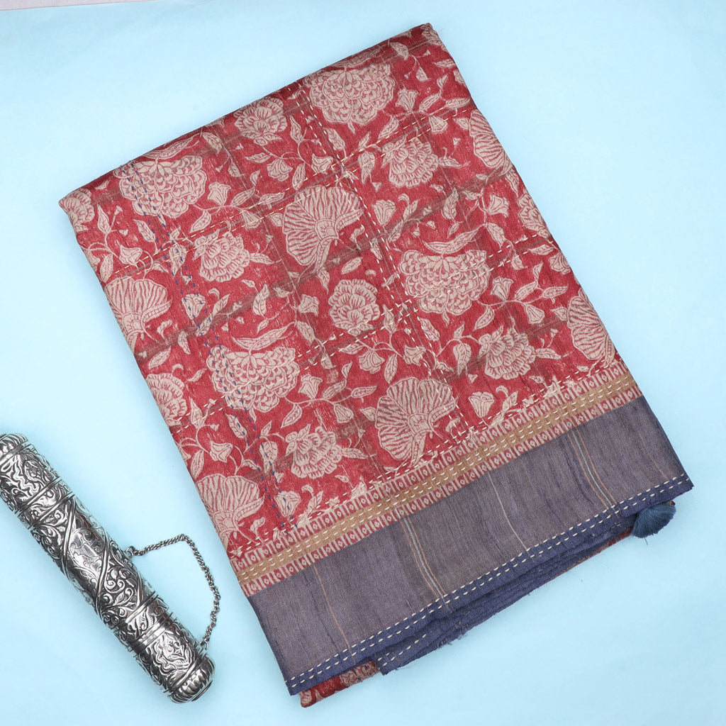 Earthy Red Printed Tussar Saree With Embroidery