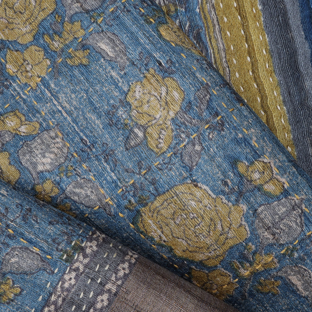 Earthy Blue Printed Tussar Saree With Embroidery