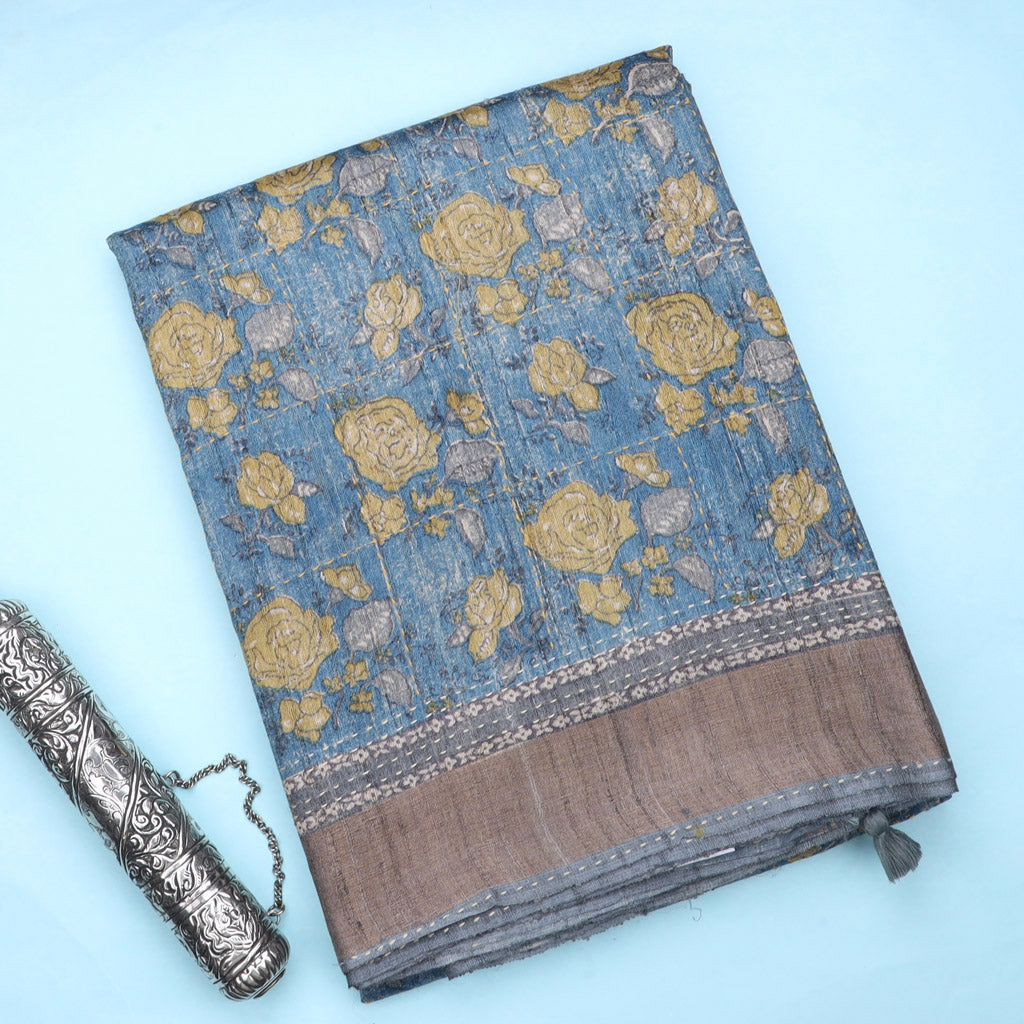 Earthy Blue Printed Tussar Saree With Embroidery