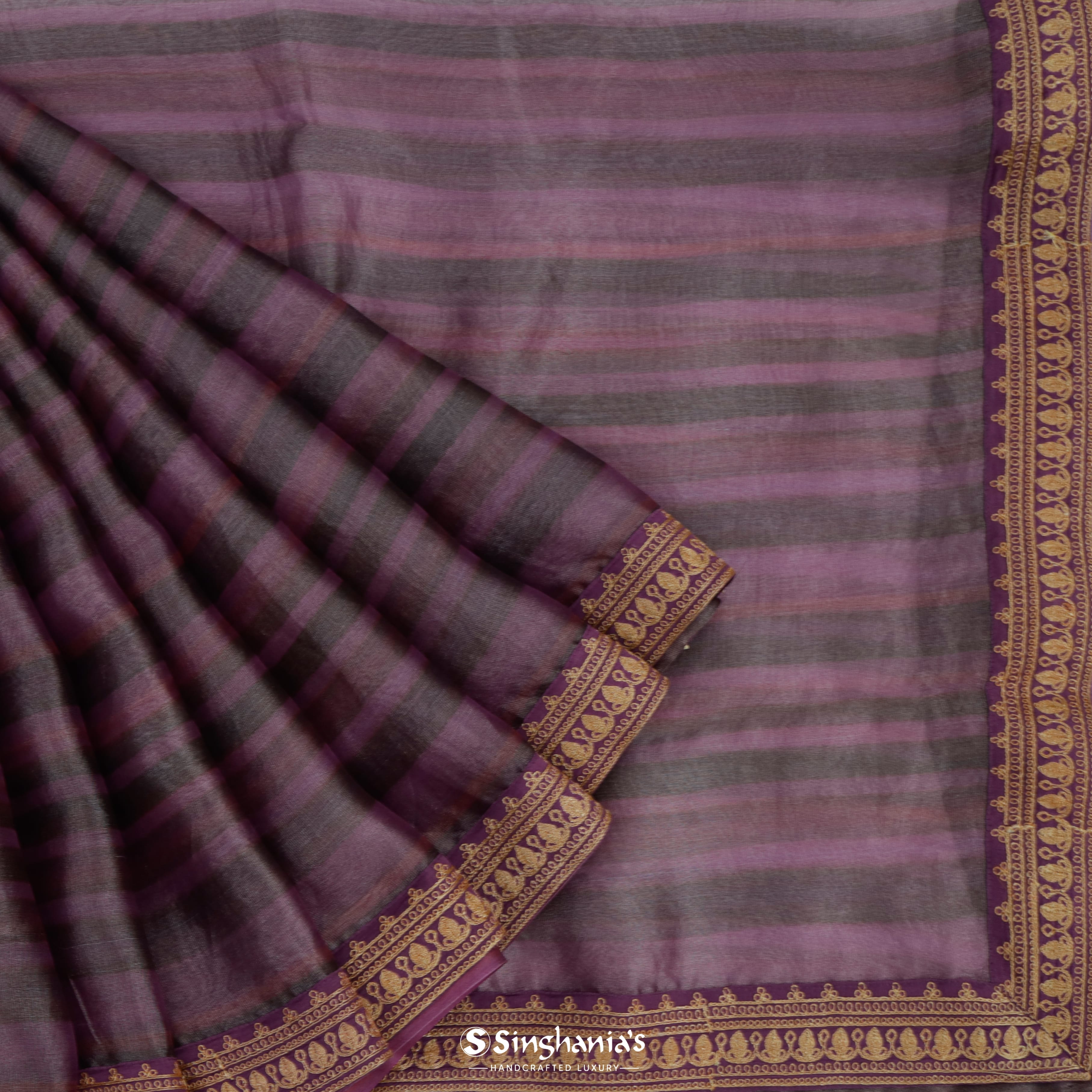 Wine Tissue Printed Handloom Silk Saree Stripes Pattern